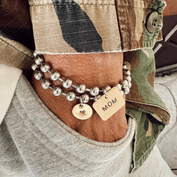 Chunky Stainless Steel Ball Chain Bracelet + Hand Stamped Square MAMA/MOM Tag + Round Heart Tag Brass
