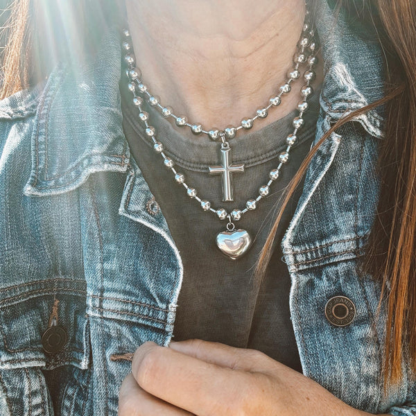 New - All Stainless Steel - Ball chain Necklace with a Cross Charm - Waterproof, Rust Proof, Strong and Durable - Perfect Gift - Bestie Gift