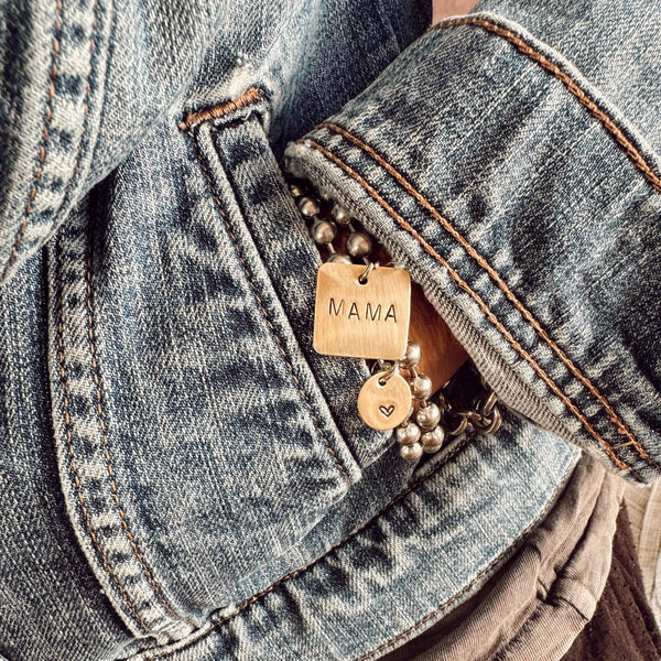 Chunky Stainless Steel Ball Chain Bracelet + Hand Stamped Square MAMA/MOM Tag + Round Heart Tag Brass