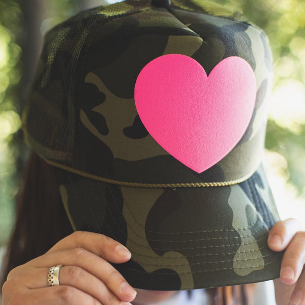 Hot Pink Fat Heart Camo Trucker Hat - Snap back - Otto - Everyday All Day - Valentines Day - Puff Heart - Camouflage Trucker Hat - Favorite