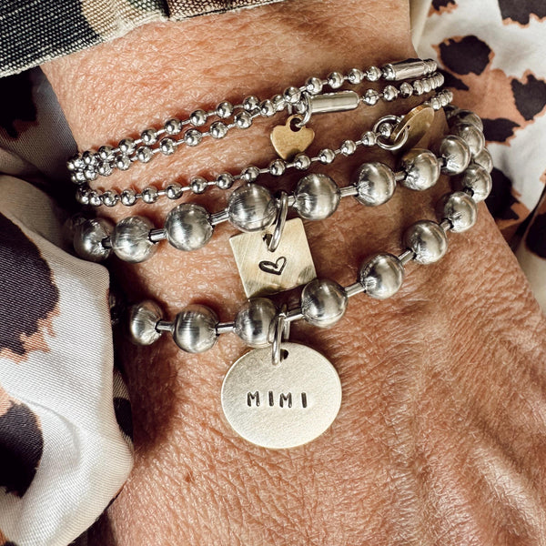 Chunky Stainless Steel Ball Chain Bracelet Set with a Hand Stamped Coin Tag and Heart Tag