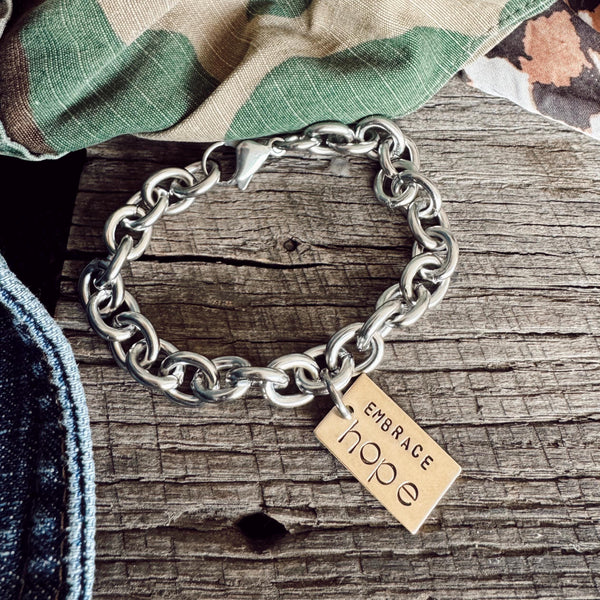 New Hand Stamped Brass Rectangle Tag Embrace HOPE - Stainless Steel Ball / Bead Chain - Open Link Chain - Best Gift - Unique Gift - Custom