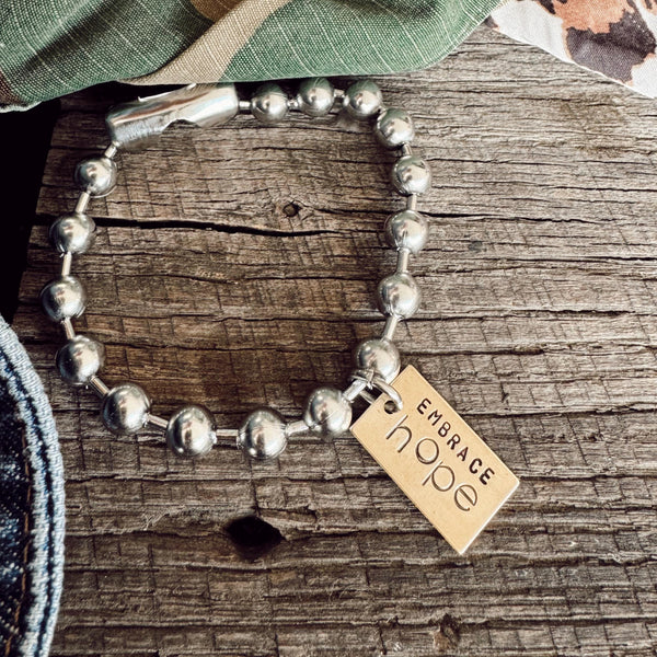 New Hand Stamped Brass Rectangle Tag Embrace HOPE - Stainless Steel Ball / Bead Chain - Open Link Chain - Best Gift - Unique Gift - Custom
