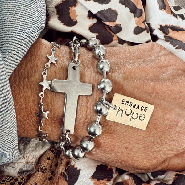 New Hand Stamped Brass Rectangle Tag Embrace HOPE - Stainless Steel Ball / Bead Chain - Open Link Chain - Best Gift - Unique Gift - Custom
