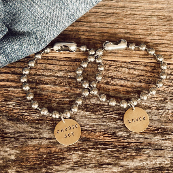 Mixed Metal Set - Hand Stamped LOVED Tag Bracelet & Choose JOY Tag Bracelet