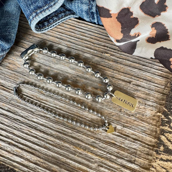 Mixed Metal / Stainless Steel and Brass Hand Stamped Bracelet Set - Grateful Brass Tag and Heart Charm bracelet - Grateful Heart Set