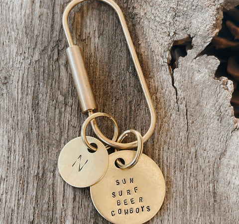 Hand Stamped Brass Circle Tags and Carabiner - Personalized