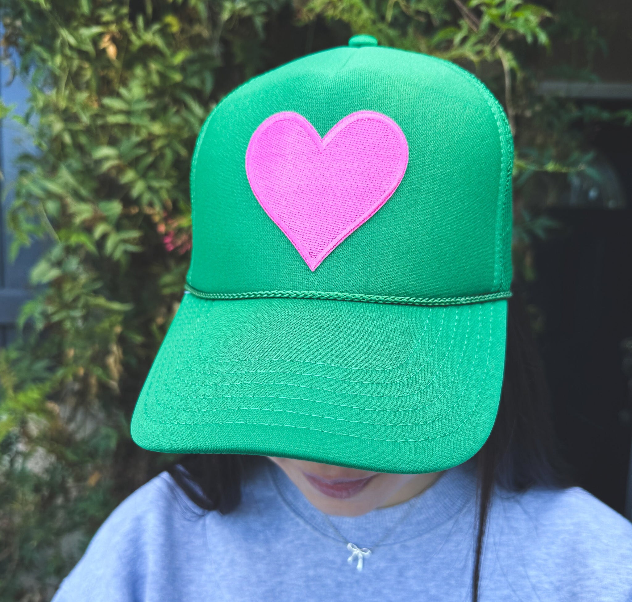 Green Trucker hat with Pink Heart Patch