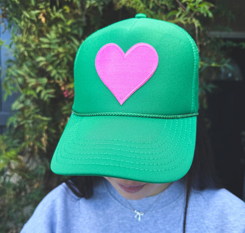 Green Trucker hat with Pink Heart Patch
