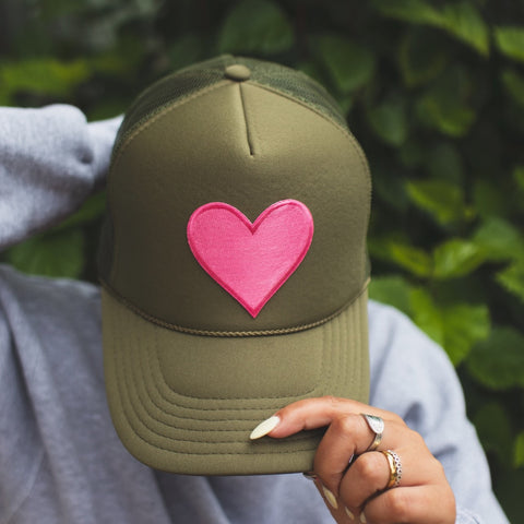 Army Green Trucker Hat with Hot Pink Heart Patch