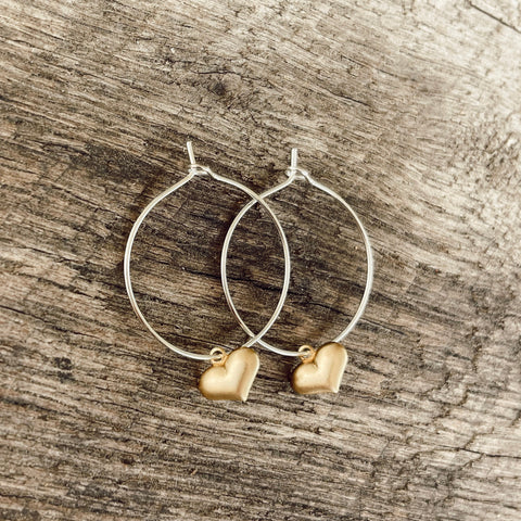 Brass Heart Charm Hoop Earrings