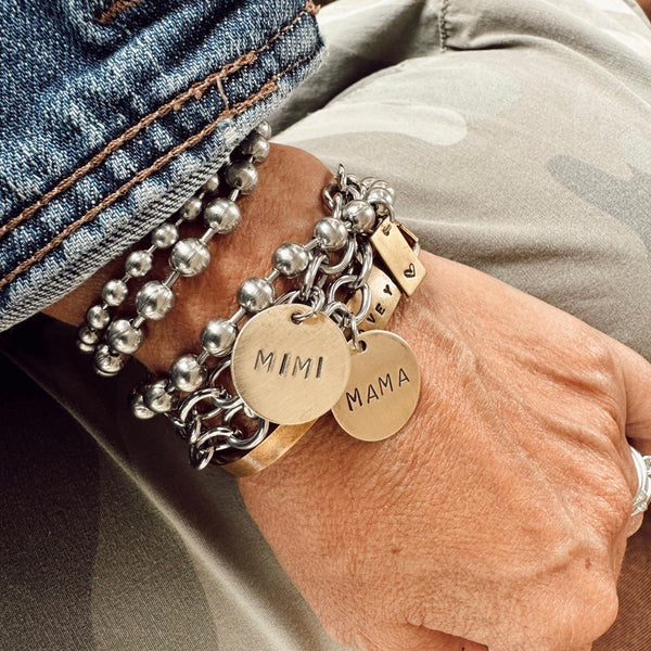 Hand Stamped Mama - Mimi - Mom - Gigi - Brass Charm Bracelet with Open Link Stainless Steel Chain