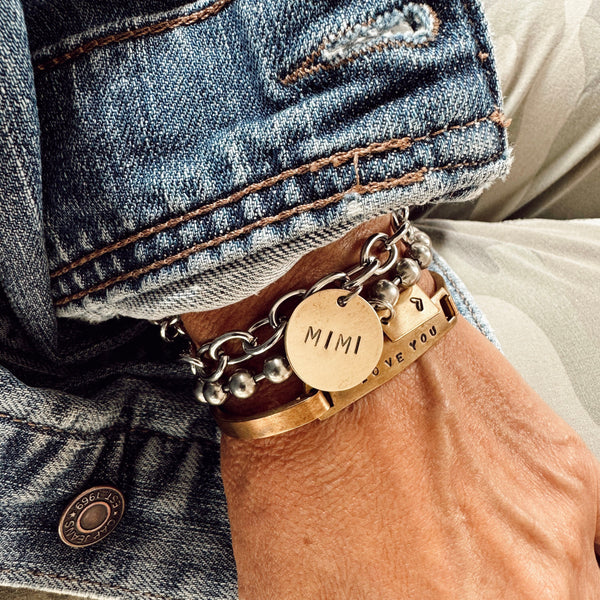 Hand Stamped Mama - Mimi - Mom - Gigi - Brass Charm Bracelet with Open Link Stainless Steel Chain