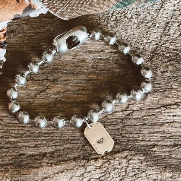 SALE Chunky Stainless Steel Bead Ball Chain Bracelet with a Hand Stamped Heart Mini Dog Tag - Birthday Gift - Bestie - Mothers Day - So Cute