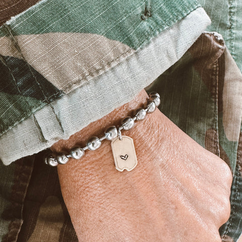 SALE Chunky Stainless Steel Bead Ball Chain Bracelet with a Hand Stamped Heart Mini Dog Tag - Birthday Gift - Bestie - Mothers Day - So Cute