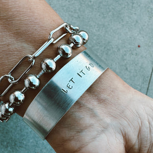 Hand Stamped Aluminum Cuff,  Stainless Steel Chunky Ball Chain Bracelet, and Paperclip Chain set