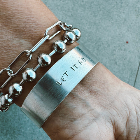 Hand Stamped Aluminum Cuff,  Stainless Steel Chunky Ball Chain Bracelet, and Paperclip Chain set