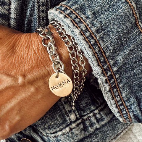 Hand Stamped Mama - Mimi - Mom - Gigi - Brass Charm Bracelet with Open Link Stainless Steel Chain