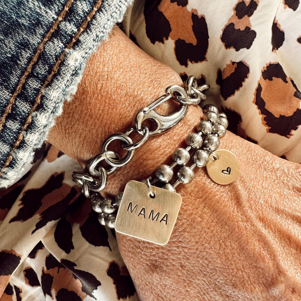 Chunky Stainless Steel Ball Chain Bracelet + Hand Stamped Square MAMA/MOM Tag + Round Heart Tag Brass