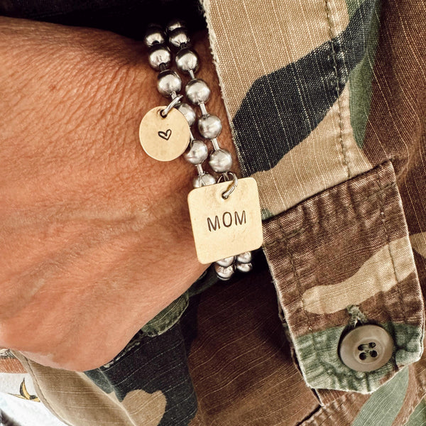 Chunky Stainless Steel Ball Chain Bracelet + Hand Stamped Square MAMA/MOM Tag + Round Heart Tag Brass