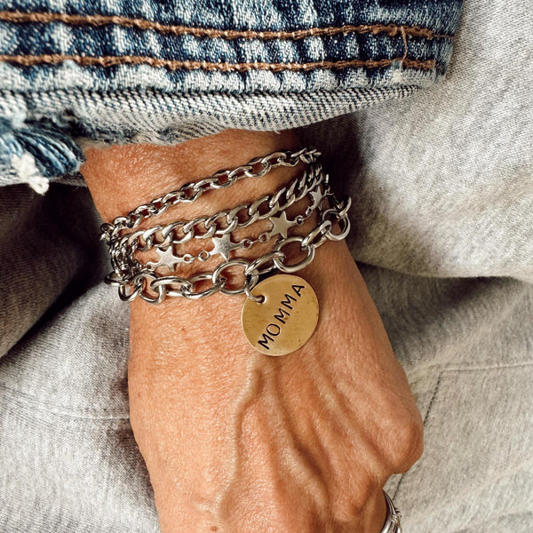 Hand Stamped Mama - Mimi - Mom - Gigi - Brass Charm Bracelet with Open Link Stainless Steel Chain