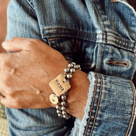 Chunky Stainless Steel Ball Chain Bracelet + Hand Stamped Square MAMA/MOM Tag + Round Heart Tag Brass