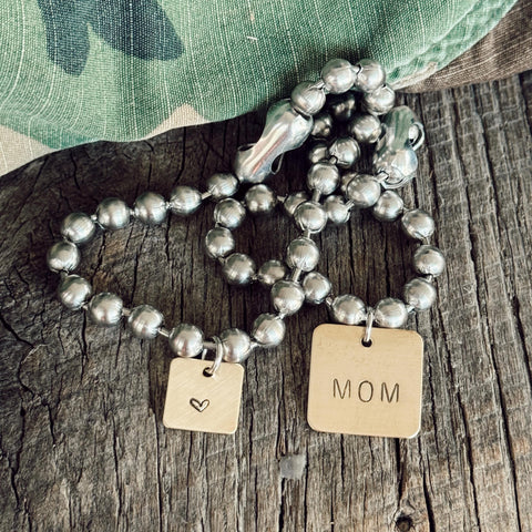 Hand Stamped Brass Square MOM or MAMA Tag, Stainless Steel Chain + Hand Stamped Heart Small Square Brass Tag