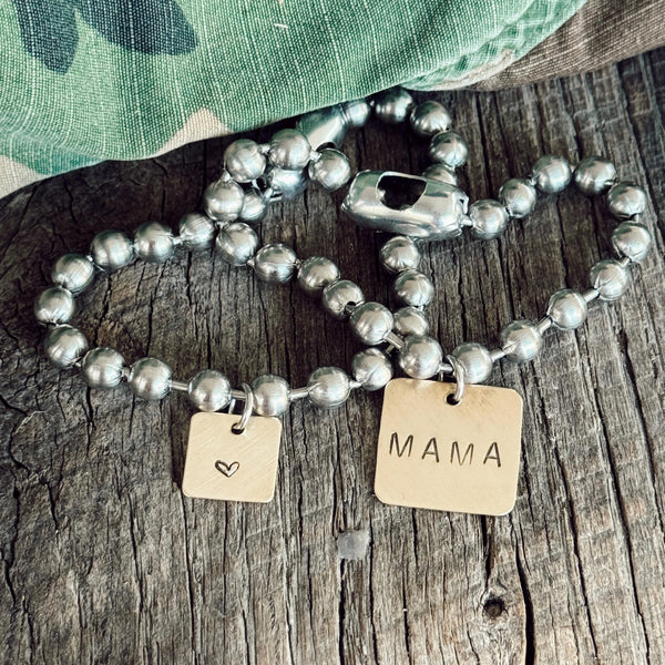 Hand Stamped Brass Square MOM or MAMA Tag, Stainless Steel Chain + Hand Stamped Heart Small Square Brass Tag