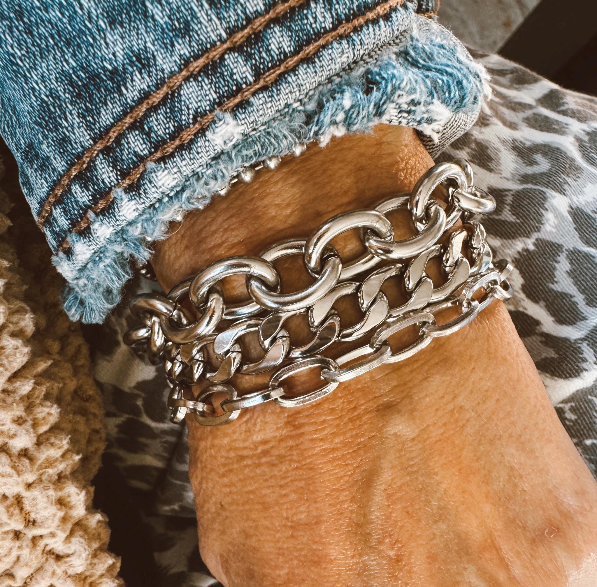 Stainless Steel Figaro, Oval Link, Chunky Oval Link Chain Bracelet set