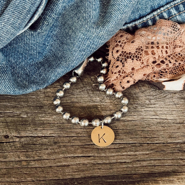 Chunky Stainless Steel Bracelet with a Hand Stamped Initial Coin Brass Charm