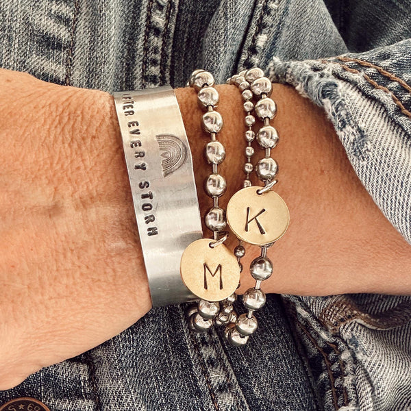 Chunky Stainless Steel Bracelet with a Hand Stamped Initial Coin Brass Charm