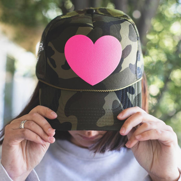 Hot Pink Fat Heart Camo Trucker Hat - Snap back - Otto - Everyday All Day - Valentines Day - Puff Heart - Camouflage Trucker Hat - Favorite