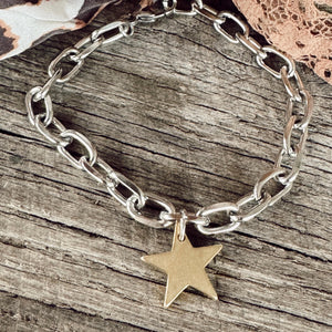 Stainless Steel Open Link Chain Bracelet with a Brass Star Charm