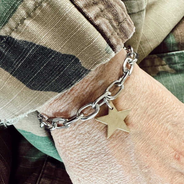 Stainless Steel Open Link Chain Bracelet with a Brass Star Charm