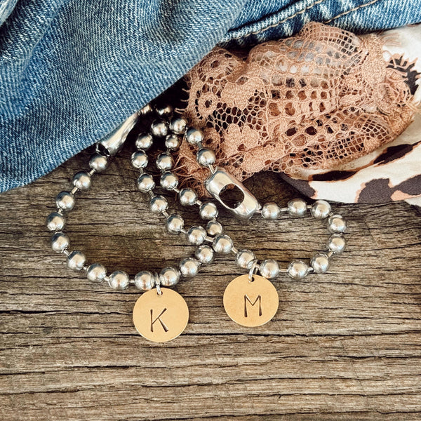 Chunky Stainless Steel Bracelet with a Hand Stamped Initial Coin Brass Charm