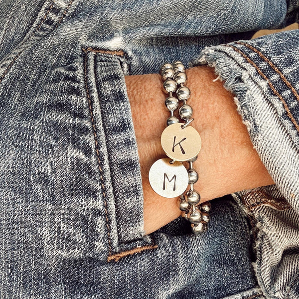 Chunky Stainless Steel Bracelet with a Hand Stamped Initial Coin Brass Charm