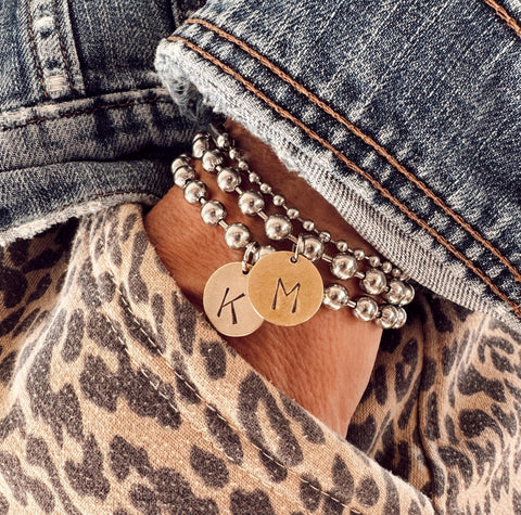 Chunky Stainless Steel Bracelet with a Hand Stamped Initial Coin Brass Charm