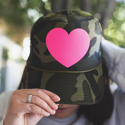 Hot Pink Fat Heart Camo Trucker Hat - Snap back - Otto - Everyday All Day - Valentines Day - Puff Heart - Camouflage Trucker Hat - Favorite