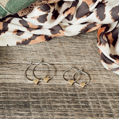 Stainless steel Hoop Set with Brass Tiny Hearts