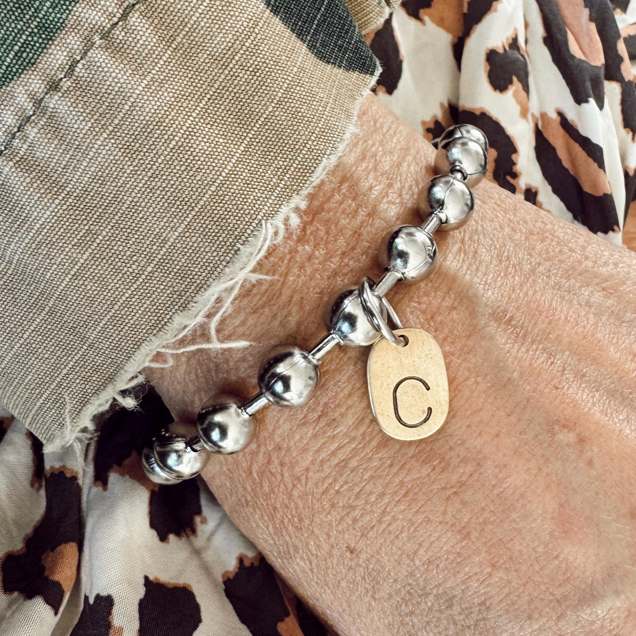 Thumbprint Initial Tag Mixed Metal Bracelet