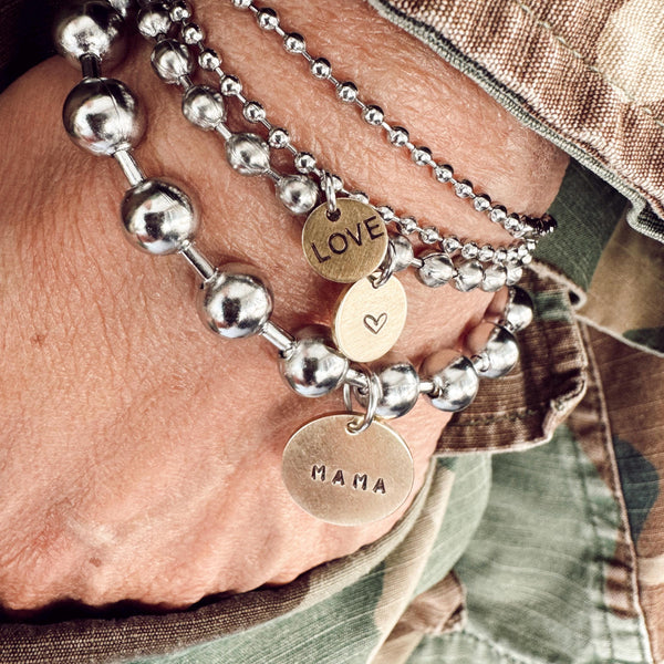Ball Chain Bracelet Set with a Hand Stamped MAMA Coin Tag + Heart Tag