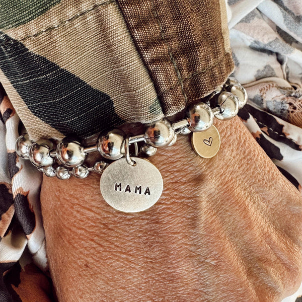 Ball Chain Bracelet Set with a Hand Stamped MAMA Coin Tag + Heart Tag