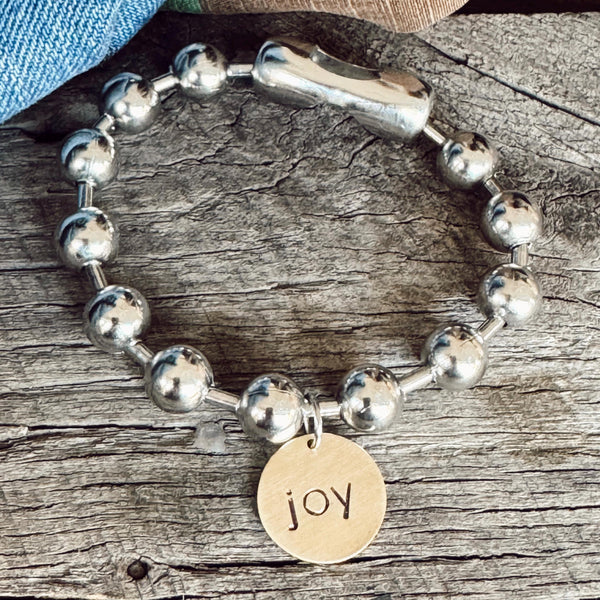 Chunky Stainless Steel Bracelet with brass hand stamped JOY tag