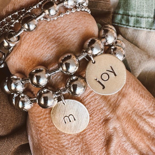 Chunky Stainless Steel Bracelet with brass hand stamped JOY tag