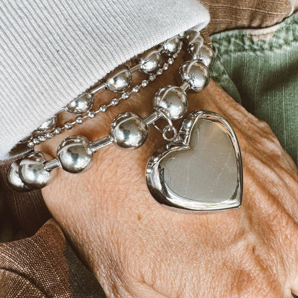 Stainless Steel Chunky Bead Chain Bracelet with Large Heart Tag