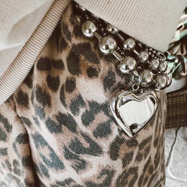 Stainless Steel Chunky Bead Chain Bracelet with Large Heart Tag
