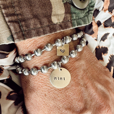Chunky Stainless Steel Ball Chain Bracelet Set with a Hand Stamped Coin Tag and Heart Tag