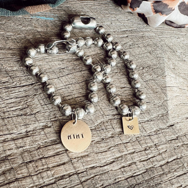 Chunky Stainless Steel Ball Chain Bracelet Set with a Hand Stamped Coin Tag and Heart Tag