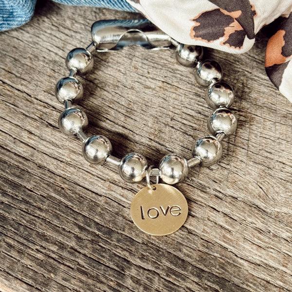 Chunky Stainless Steel Bracelet with brass hand stamped love tag