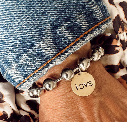 Chunky Stainless Steel Bracelet with brass hand stamped love tag